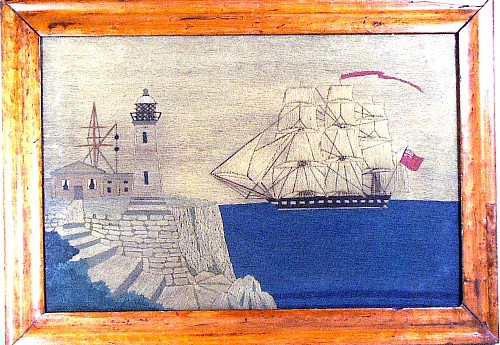 Inventory:  Sailor's Woolwork, British Sailor's woolwork picture of a ship passing a lighthouse,, Circa 1880., SOLD &bull;