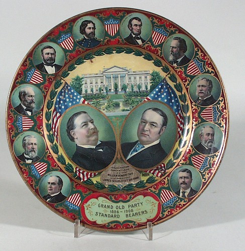 Inventory: Presidential Inauguration Plate with portraits of William Howard Taft and his running mate, James S. Sherman, surrounded by images of previous Republican nominees,Circa 1880, SOLD &bull;