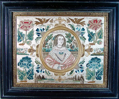 Inventory: A Fine English 17th Century Silkwork Picture of Queen Henrietta, wife of Charles I, Circa 1640-60., SOLD &bull;