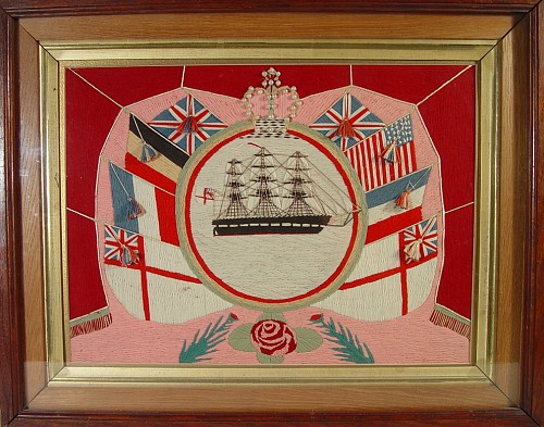Inventory: An Unusual British Sailor's Woolwork Picture of Ship & Flag, Circa 1885, SOLD &bull;