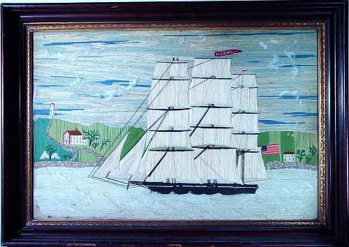 Inventory: American Woolwork Picture of a Ship against a Shoreline "The Ellenl" formerly The Seaman's Bride, Circa 1865, SOLD &bull;
