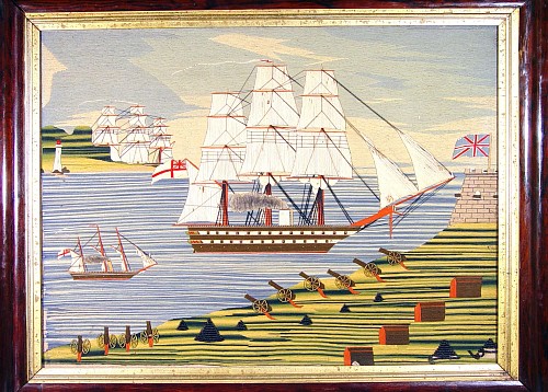 Sailor's Woolwork English Sailor's Woolwork (woolie) Picture of Ships in a Fortified Harbour., Circa 1875 SOLD &bull;