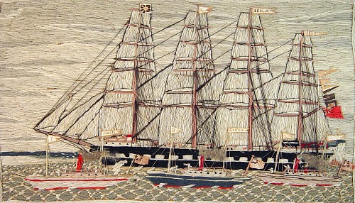 Inventory: A Sailor's Woolie Picture of Four Ships, four named- The Sailing ship Leila and the steamships Pollie, Dinah & The Lucy, Circa 1890-1900, SOLD &bull;