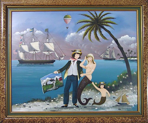 A Ralph Cahoon Painting of a Sailor holding a Painting named "Cape Cod" with Mermaid and Girl, signed L.R. "R. Cahoon" 
oil on Swedish masonite 
16 by 20 in. SOLD &bull;