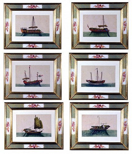 Inventory:  China Trade, China Trade Watercolour Paintings of Chinese Sampans and Junks on Pith Paper, (6)., Circa 1850., SOLD &bull;