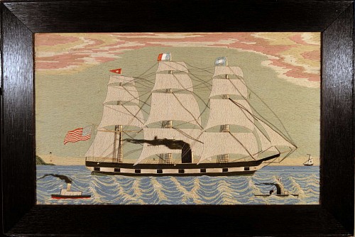 Inventory: A Fine American Woolwork Picture of Four Ships, Circa 1875., SOLD &bull;