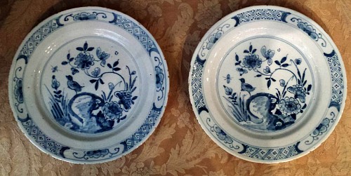 Inventory:  British Delftware, English Underglaze Blue Delftware Plates Decorated with Birds and Rockwork., Circa 1760., SOLD &bull;