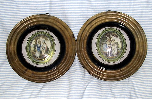 A Pair of English &Atilde;&copy;glomis&Atilde;&copy; alabaster-framed plaques with miniatures of couples, Circa 1790. SOLD &bull;
