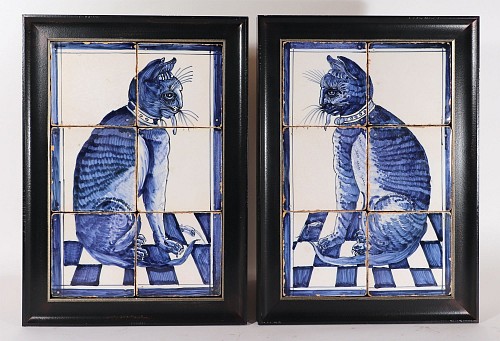 Inventory:  Dutch Delft, 18th Century Dutch Delft Pair of Blue & White Six Tile Cat Pictures, 1765, SOLD &bull;