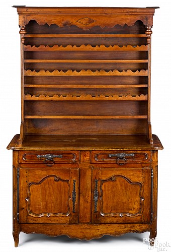 Inventory:  French Furniture, French Oak & Fruitwood Two-part Step-back Cupboard, Probably Normandy, 1800, $2,500