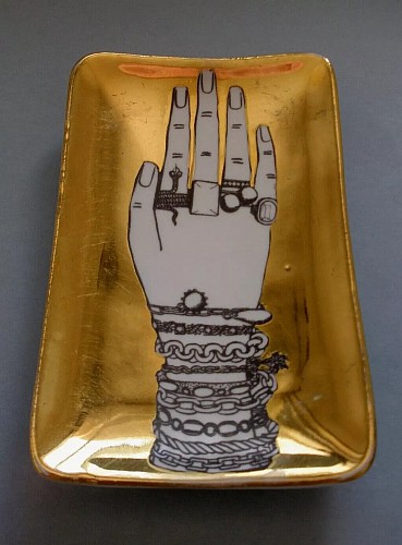 Piero Fornasetti Fornasetti Tray with Hand with Jewelry on Gold Ground SOLD &bull;