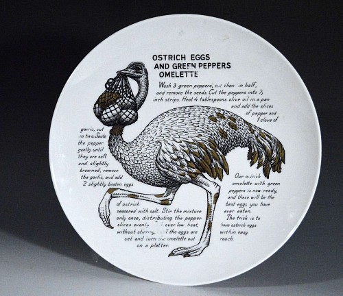 Inventory:  Piero Fornasetti, Vintage Piero Fornasetti Recipe Plate, Ostrich Eggs and Green Peppers Omelette, Made for Fleming Joffe, 1960s, $300