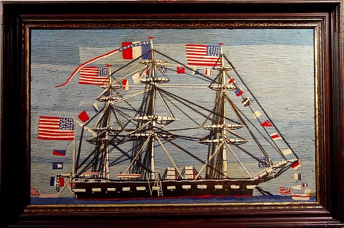 Inventory:  Sailor's Woolwork, American Sailor's Woolwork Picture of a Ship, 1880, SOLD &bull;