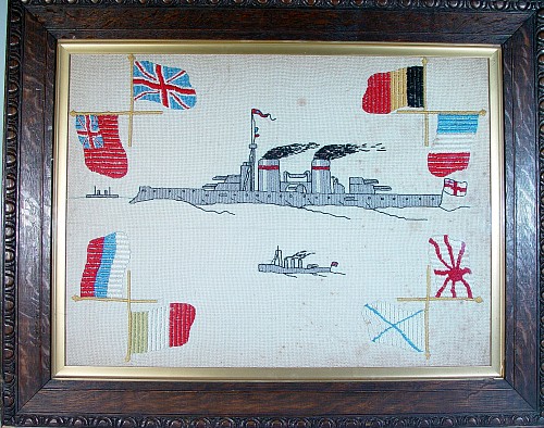 Inventory:  Sailor's Woolwork, Sailor's Emboidered Woolwork Picture of a Battleshipl-labeled by maker Albert Wikinson, mid-20th century, $950