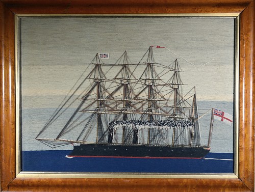 Inventory:  Sailor's Woolwork, Sailor's Woolwork of Royal Navy Five-masted Ship under Steam, Minotaur Class Broadside Ironclad, 1870-80, $3,750