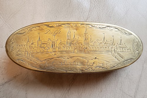 English Brass Dutch Brass Tobacco Box Depicting the City of Delft, 1760 SOLD &bull;