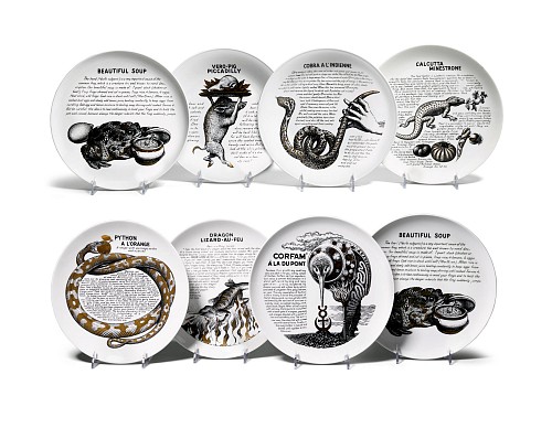 Inventory:  Piero Fornasetti, Piero Fornasetti Set of Cook Pattern Platres- Bizarre Recipes, 1968-74, $6,500