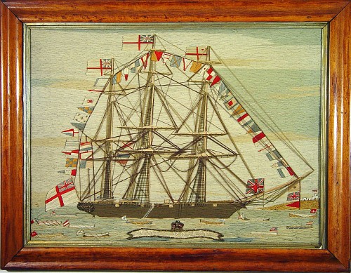 Sailor's Woolwork British Sailor's Woolie of a Fully-dressed H.M.S. Volage with multiple long boats with flags of different nations, 1870 $15,000