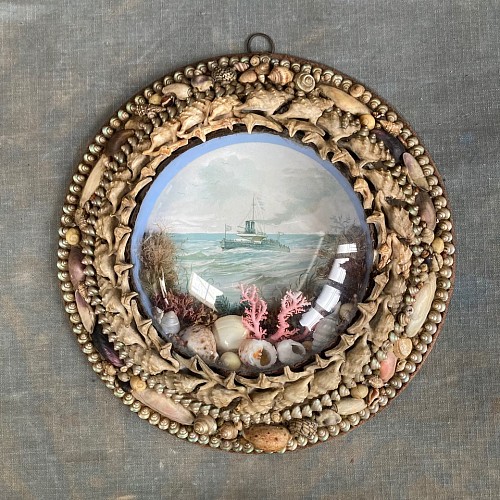 shellwork Edwardian Shellwork Valentine Diorama of HMS Devastation, 1900 SOLD &bull;
