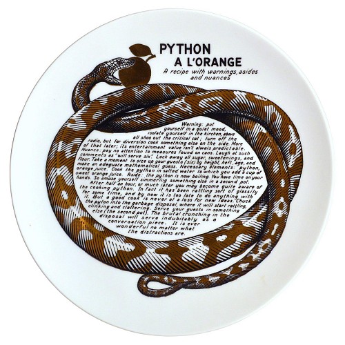 Inventory:  Piero Fornasetti, Piero Fornasetti Fleming Joffe Porcelain Plate- Python A La Orange, 1960s, $775