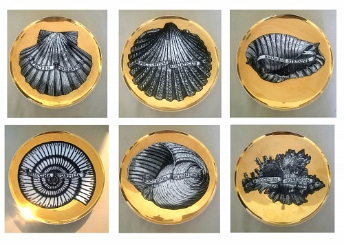 Inventory:  Piero Fornasetti, Piero Fornasetti Porcelain Gilt Rare Seashell Plates, Conchyliorum Pattern, Set of Six Plates, 1950s, SOLD &bull;