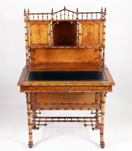 Inventory:  American Furniture, American Bamboo and Birch Satinwood Secretary Desk, Attributed to R. J. Horner & Company, New York City, Circa 1885, SOLD &bull;