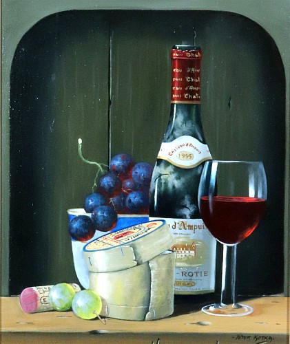 Inventory:  Peter A. Kotka, Peter A. Kotka, Stiil Life with Wine & Cheese, 1995, $1,950