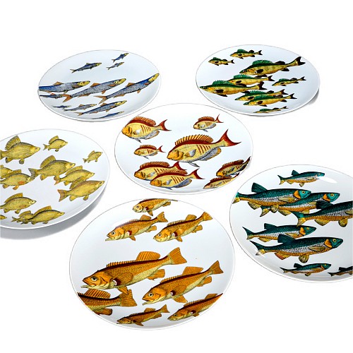 Inventory:  Piero Fornasetti, Piero Fornasetti "Pesci" Porcelain Plates, Set of Six Plates with School of Fish, 1970, $3,750