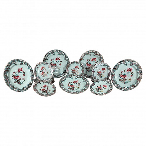 Inventory:  Chinese Export Porcelain, Chinese Export Famille Rose Porcelain Dinner Service-Eighteen Pieces, Circa 1730-35, $25,500