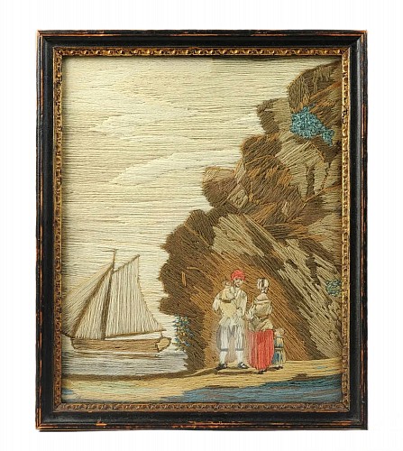 Woolwork British Woolwork of a Family of Man, Wife and Child on the Seashore with Ship in Bay, 1860 $3,750