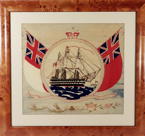 Inventory:  Sailor's Woolwork, British Sailor's Woolwork of HMS Victor Emanuel with Red and White Ensign Border, 1875, SOLD &bull;