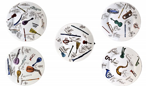 Inventory:  Piero Fornasetti, Piero Fornasetti Set of Musical Pottery Plates, Circa 1953, $2,500