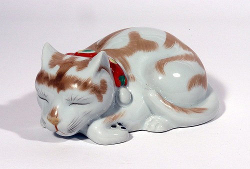 Inventory:  Japanese Porcelain, Japanese Kutani Porcelain Figure of a Sleeping Cat, 1910-20, SOLD &bull;