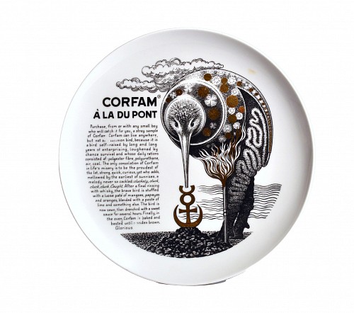 Piero Fornasetti Piero Fornasetti Fleming Porcelain Plate- ""Corfam a la Du Pont"" Made for Fleming Jofe, 1960s $550