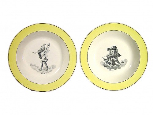 Inventory:  French Pottery, French Legros D' Anizy Yellow-bordered Soup Plates decorated with Prints of February and October, 1808-1818, $500