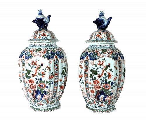Inventory:  French Faience, French Faience Octagonal Fluted Vases and covers with Bird Decoration, Geo Martel, 1907, $1,900