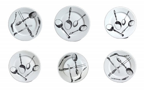 Piero Fornasetti Vintage Piero Fornasetti Pottery Plates with Black and White Renaissance Spoons and Knifes and Forks, 1950s $1,950