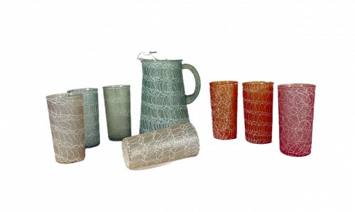 Inventory:  Vintage, Vintage MCM Set of Color Craft Drinking Glasses & Jug (Eight Pieces), 1950s-, $475