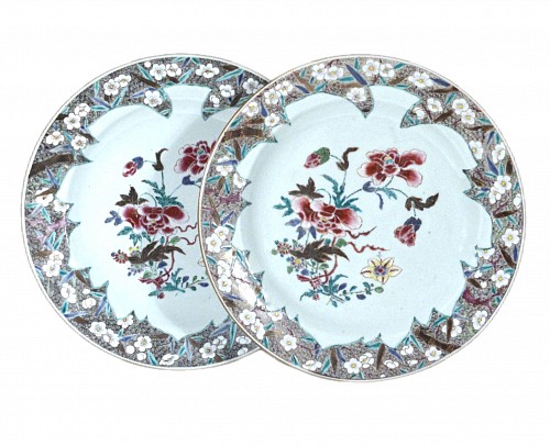 Inventory:  Chinese Export Porcelain, Chinese Export Famille Rose Porcelain Pair of Dishes, Circa 1730-35, $7,500