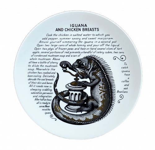 Piero Fornasetti Piero Fornasetti Fleming Joffe Porcelain Recipe Plate- Iguana And Chicken Breasts, 1960s $850