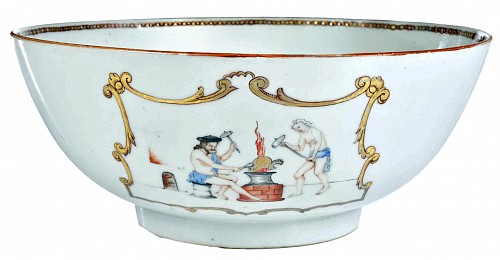 Chinese Export Porcelain Myth and Antiquity: Chinese Export Porcelain Mythological Bowl- The Forge of Vulcan, Mars and Venus &  an Allegory of Peace and Abundance, 1765 $7,500