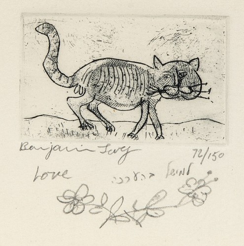 Folk Art Folk Art Etching of a Cat on Wove Paper by Benjamin Levy