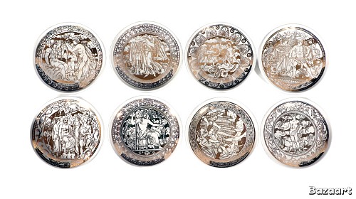 Piero Fornasetti Piero Fornasetti Ceramic Complete Set of Neo-classical Mythological Gold Coasters- Mitologia Pattern, 1950s $850