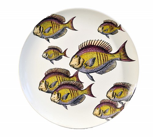 Inventory:  Piero Fornasetti, Rare Piero Fornasetti Pottery Fish Plate,  Passata de pesce (Passage of Fish) or Pesci. #6, Circa 1960, $750