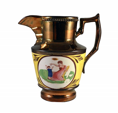 Inventory:  Pearlware, English Pottery Copper Lustre & Yellow Small Jug with Adam Buck Panels, Probably Enoch Wood, Circa 1820-30, $285