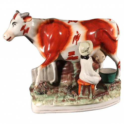 Staffordshire Staffordshire Pottery Cow Figure with Milkmaid, 1860-80 $600
