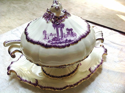Creamware Pottery Antique English Creamware Puce Feather-edged Sauce Tureen, Cover, Stand and Ladle, Neale & Co., Circa 1780-85 $2,500