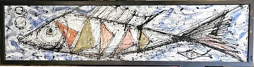 Modernist Mid-century Modernist Painting of Stylized Fish and Sailfish Yachts, Late 20th century $3,500