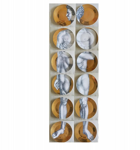 Piero Fornasetti Vintage Piero Fornasetti Gold Adam Porcelain Plates- Set of Twelve, 1970s $5,500