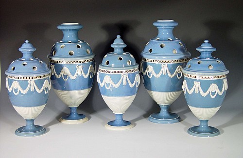 Inventory: A Garniture of Five British Pale Blue Pearlware Vases, Possibly John Wood, Brownfield, Circa 1790, SOLD &bull;